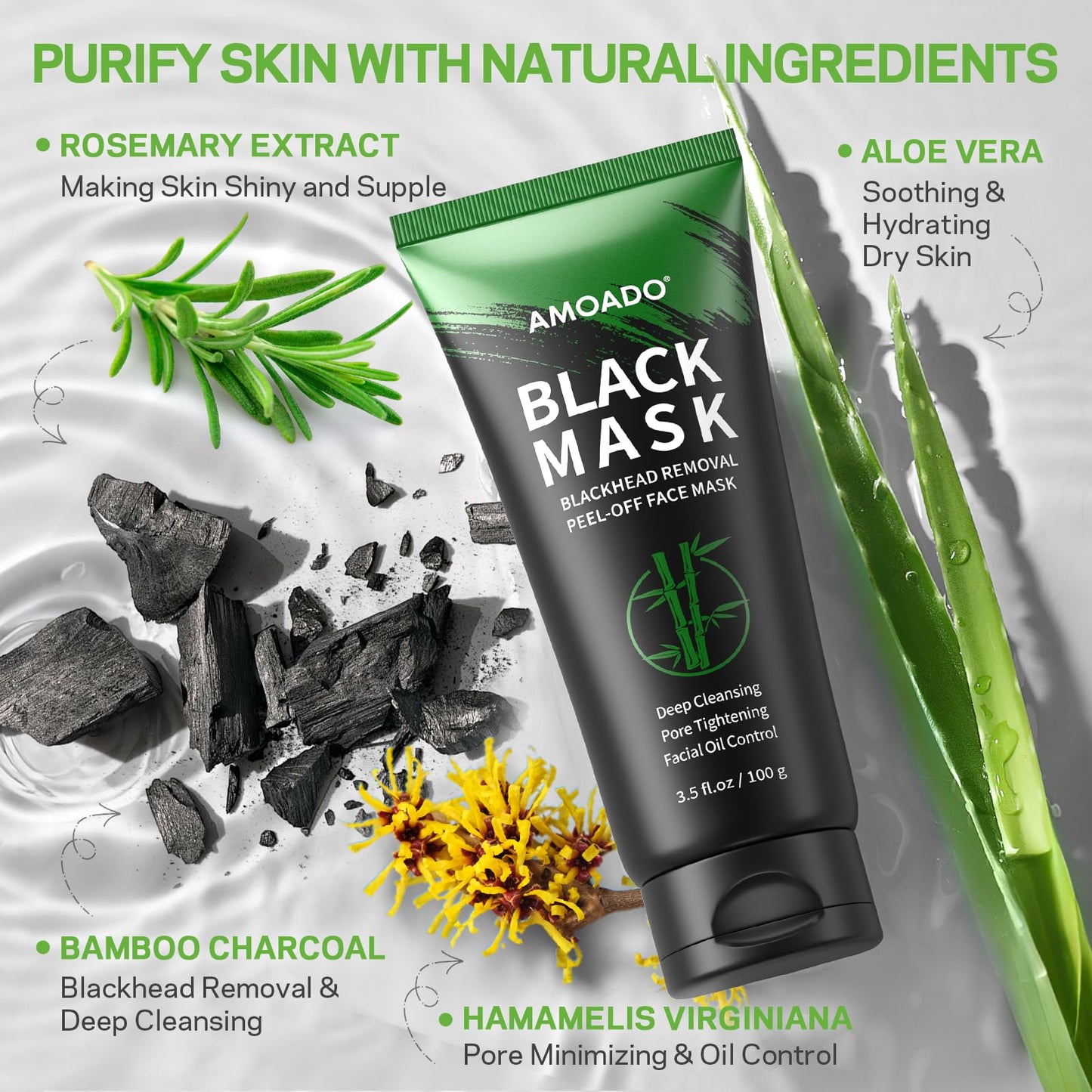 AMOADO Blackhead Remover Mask with Charcoal Peel-Off | 100g Pore Refining Kit + Brush & Extractor