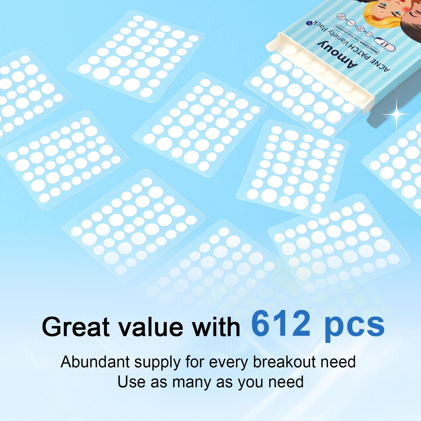 Amouy Acne Pimple Patch – 2 Sizes, 612 Dots Hydrocolloid Patches with Witch Hazel, Tea Tree & Calendula