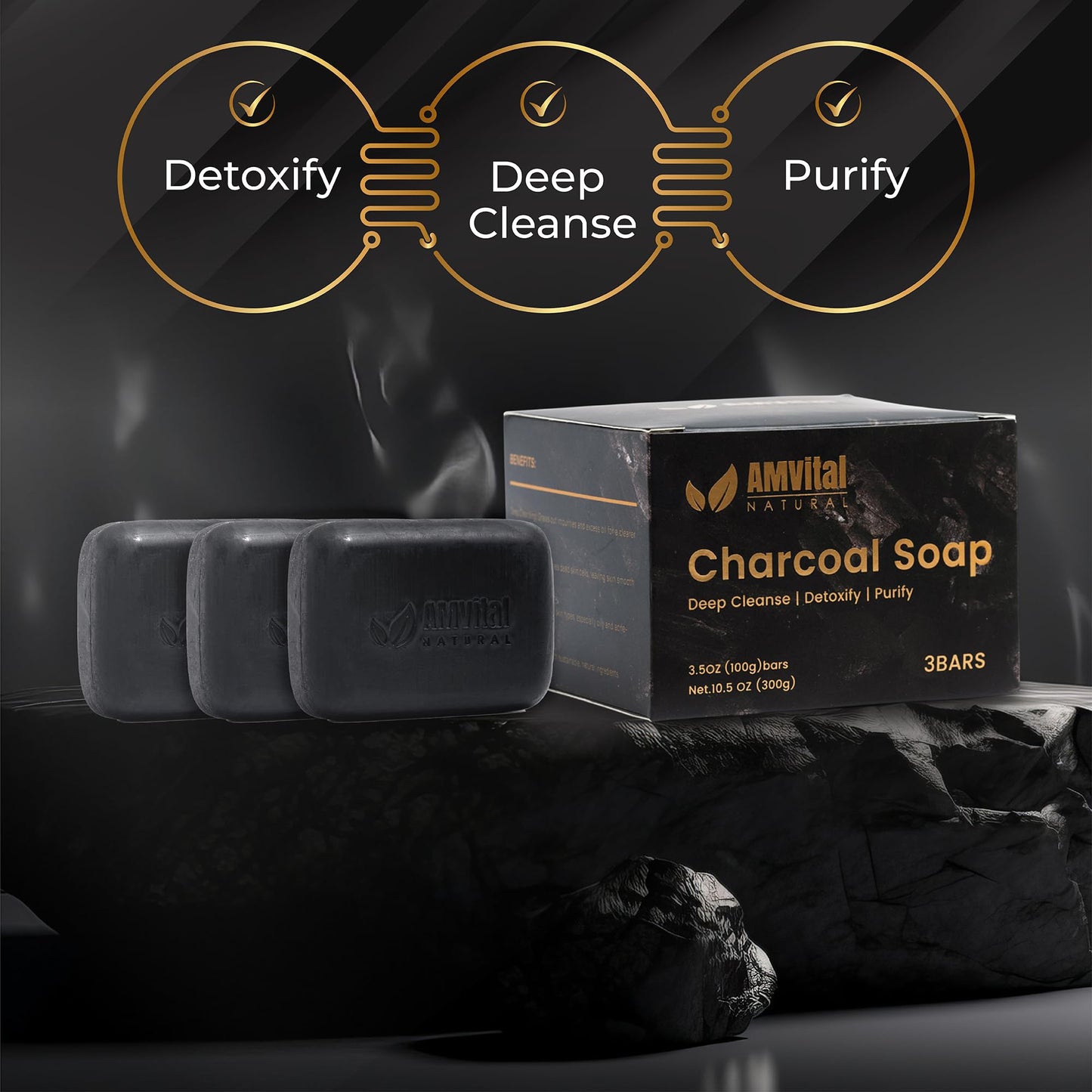AMVital Natural Charcoal Soap Bar Set - 3-Pack | Plant-Based Face & Body Cleanser