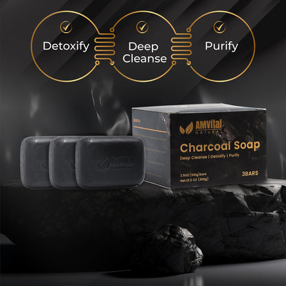 AMVital Natural Charcoal Soap Bar Set - 3-Pack | Plant-Based Face & Body Cleanser