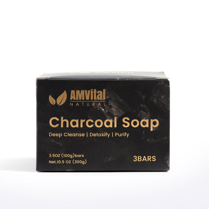 AMVital Natural Charcoal Soap Bar Set - 3-Pack | Plant-Based Face & Body Cleanser
