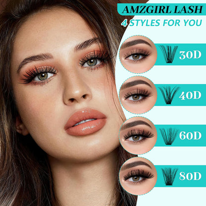 AMZGIRL LASH Lash Clusters Kit 640Pcs – DIY Extensions with Bond, Seal, Remover, Tools (30D–80D)