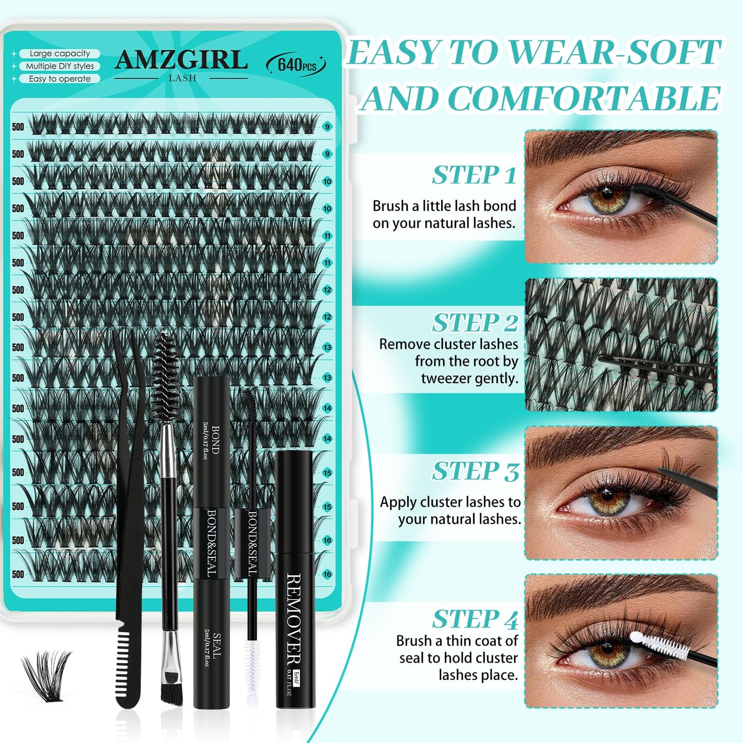 AMZGIRL LASH Lash Clusters Kit 640Pcs | DIY Lash Extensions 40D/50D 9-16mm