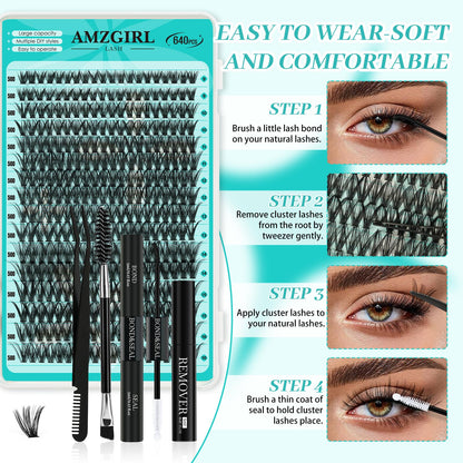 AMZGIRL LASH Lash Clusters Kit 640Pcs | DIY Lash Extensions 40D/50D 9-16mm