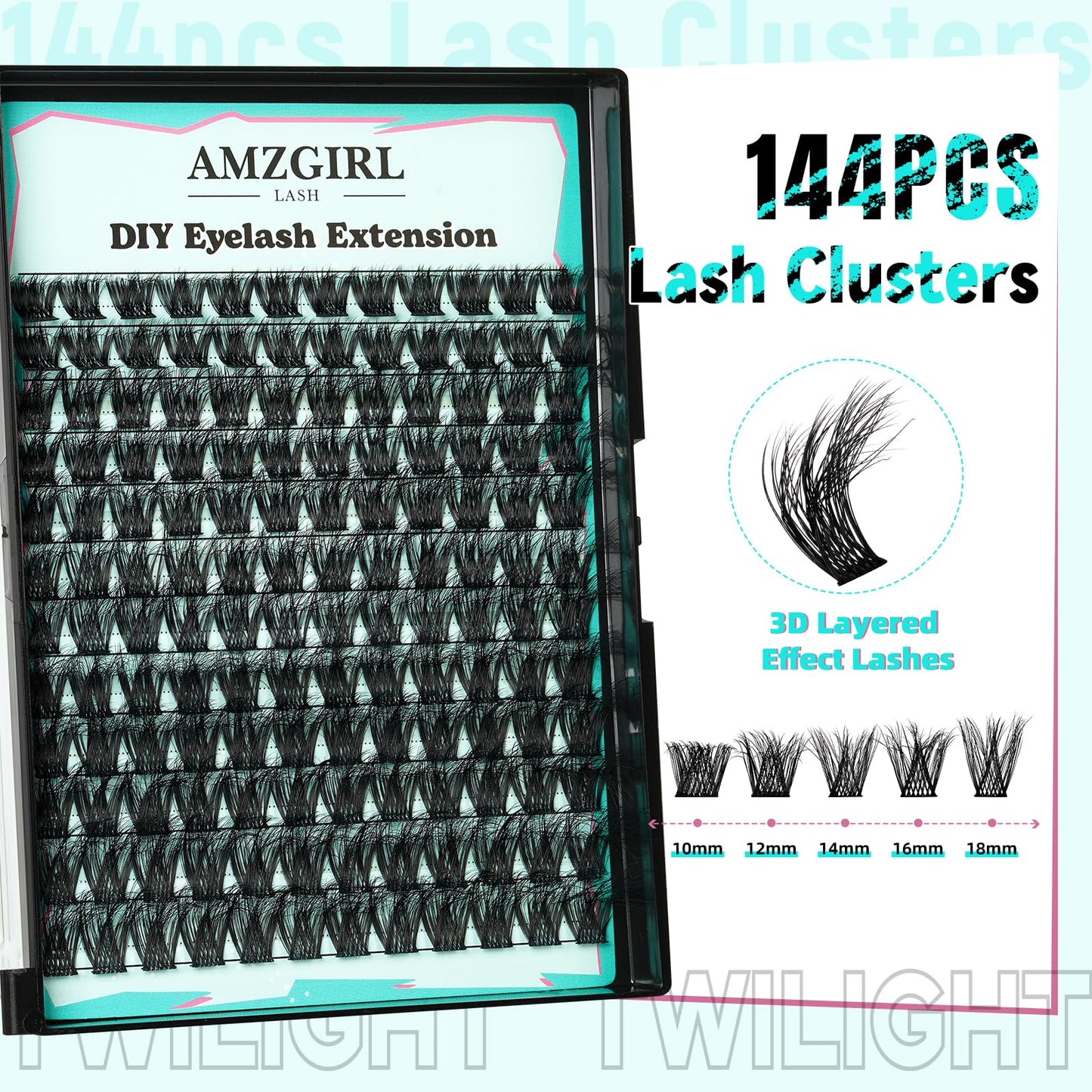 AMZGIRL LASH Lash Extension Kit 3D Clusters – 144pcs, D-Curl, Twilight