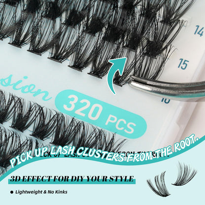 AMZGIRL LASH Lash Extension Kit — 320Pcs DIY Lash Clusters, Bond & Seal, Remover, Applicator (9–16mm, 40D/50D)