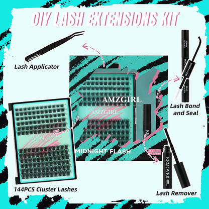 AMZGIRL LASH Lash Clusters Kit 144Pcs Midnight with Bond & Seal