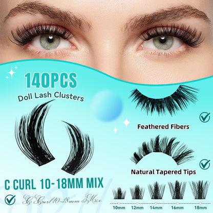 AMZGIRL LASH Manga Lash Clusters Kit 140pcs C-Curl – Waterproof Bond & Seal