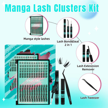 AMZGIRL LASH Manga Lash Clusters Kit 144PCS – Invisible Band, Bond & Seal, 8-16mm