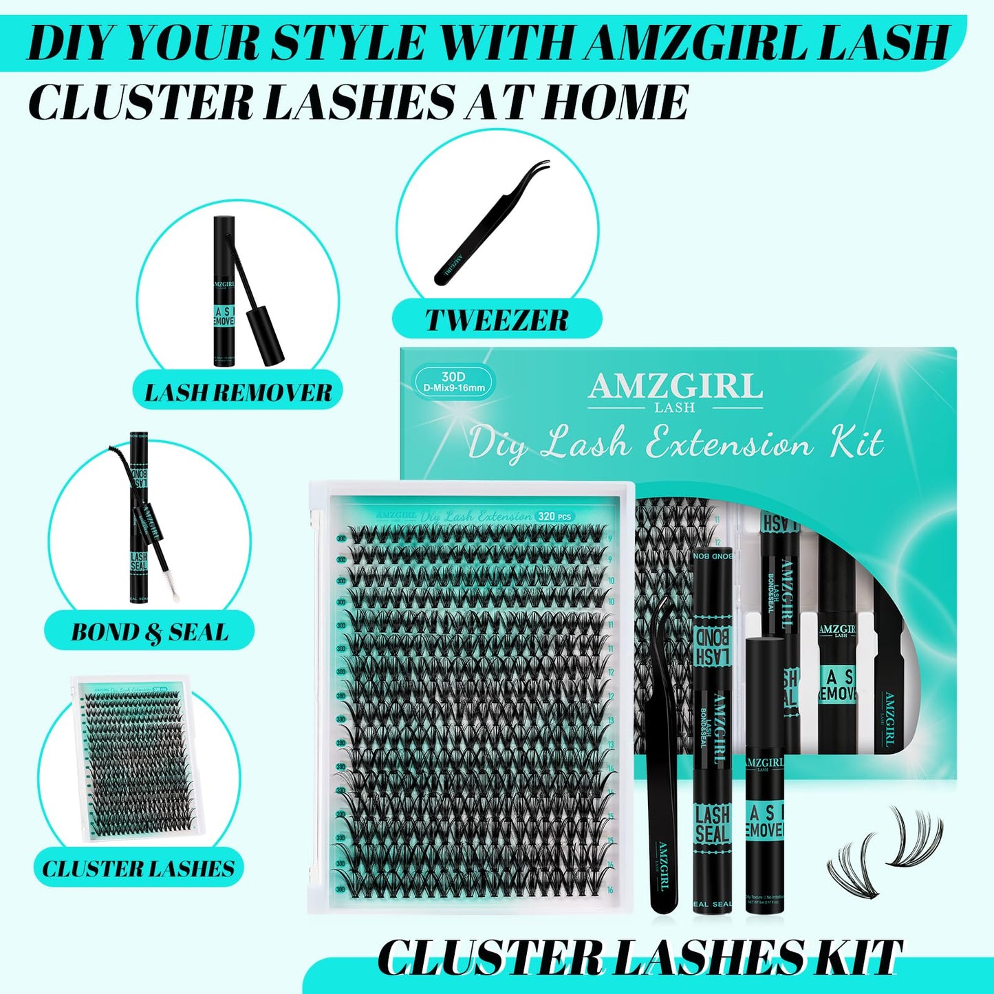 AMZGIRL LASH Lash Clusters Kit 320Pcs – DIY 30D 9-16mm with Bond & Seal