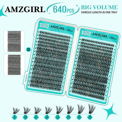 AMZGIRL LASH Lash Clusters Kit 640Pcs | DIY Lash Extensions 40D/50D 9-16mm