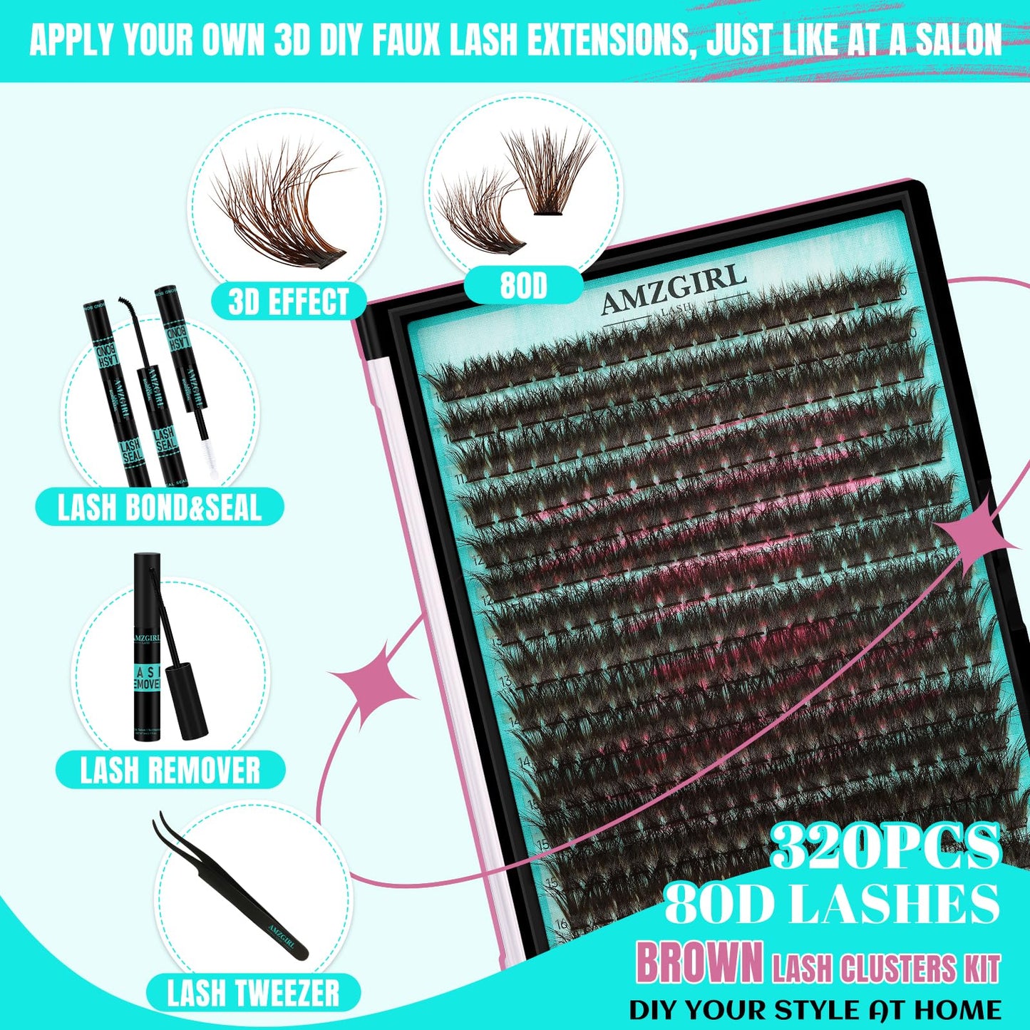 AMZGIRL LASH Brown Lash Clusters Kit — 320Pcs 80D DIY Lash Extensions at Home