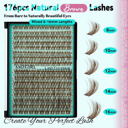 AMZGIRL LASH Brown Lash Clusters – 176 Pcs, C Curl, Natural Dark Brown, Beginner Friendly DIY Lashes
