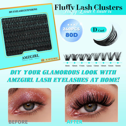 AMZGIRL LASH | 240 Pcs Lash Clusters for DIY Home Eyelash Extensions – 9-16mm D-Curl Mix