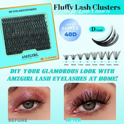 AMZGIRL LASH Lash Clusters 240pcs – DIY D-Curl 9-16mm Eyelash Extensions