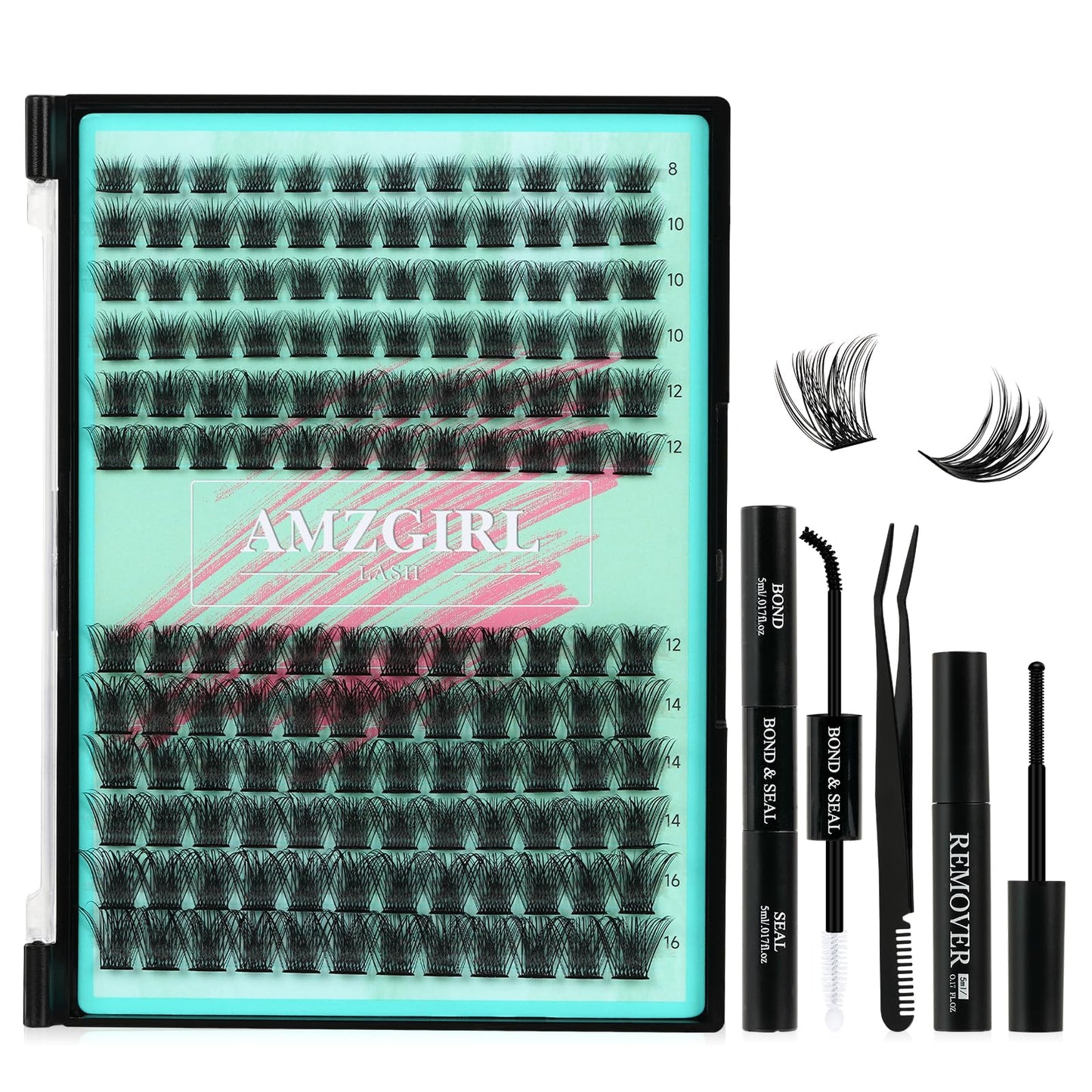 AMZGIRL LASH Lash Clusters Kit 144Pcs Midnight with Bond & Seal