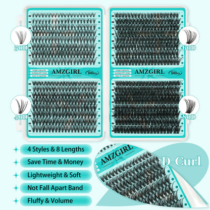 AMZGIRL LASH Lash Clusters Kit 640Pcs – DIY Extensions with Bond, Seal, Remover, Tools (30D–80D)