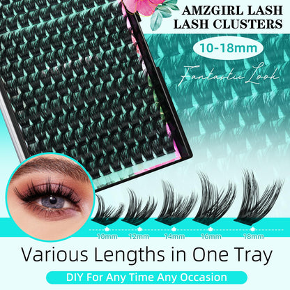 AMZGIRL LASH Lash Clusters Kit 168pcs — Natural Look, Bond & Seal, Waterproof, Tweezers (10–18mm)