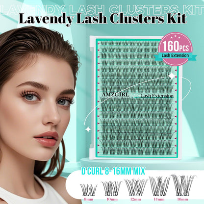 AMZGIRL LASH Lash Clusters 160pcs — Invisible Band, 8-16mm, D-Curl Wispy