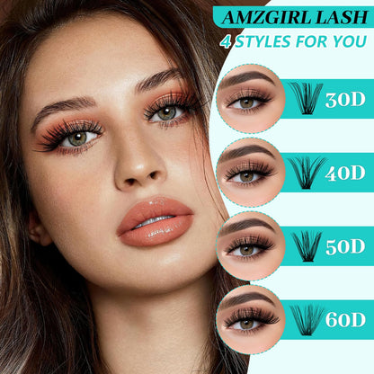 AMZGIRL LASH Lash Clusters Kit 640Pcs – DIY Eyelash Extensions with 9-16mm Mix, Bond & Seal, Remover, Applicator & Brush