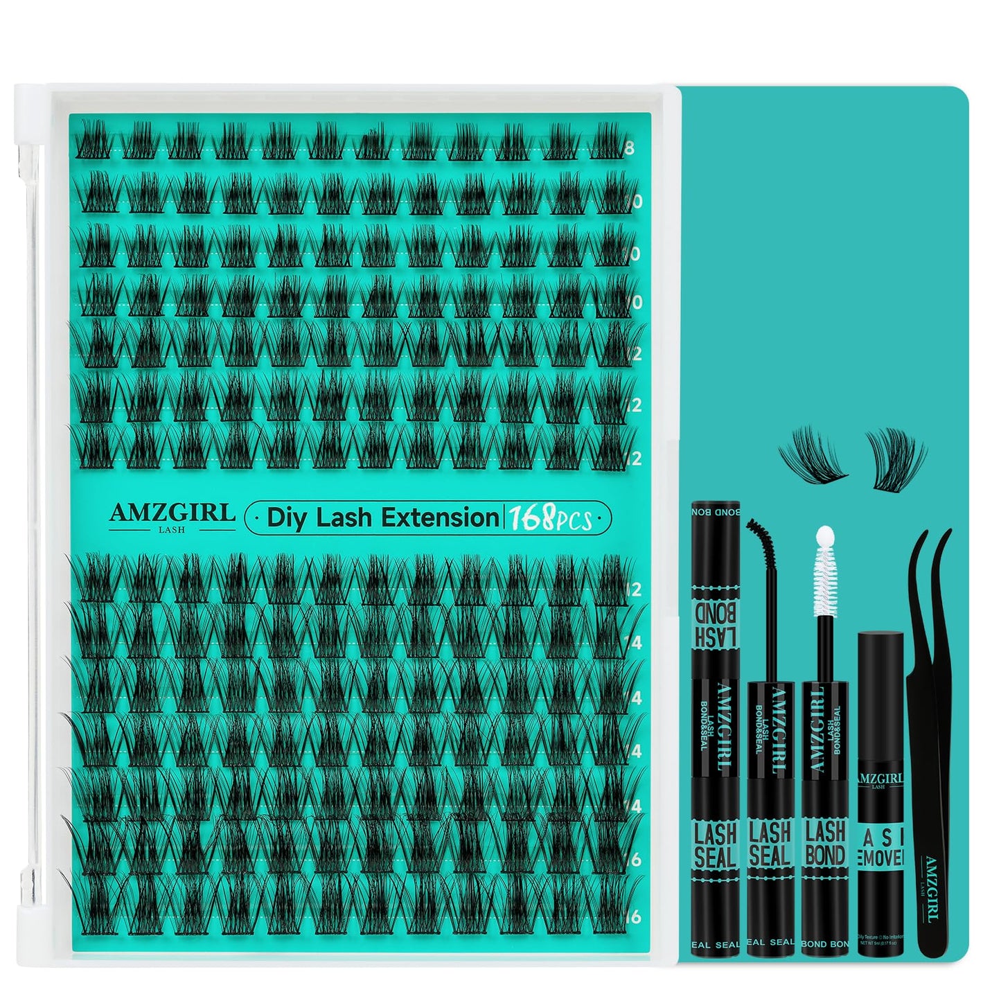 AMZGIRL LASH Lash Extension Kit — 168Pcs DIY Cluster Lashes with Bond, Seal, Remover & Applicator