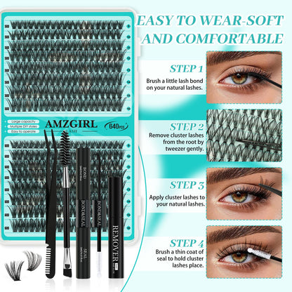 AMZGIRL LASH Lash Clusters Kit 640Pcs – DIY Eyelash Extensions with 9-16mm Mix, Bond & Seal, Remover, Applicator & Brush