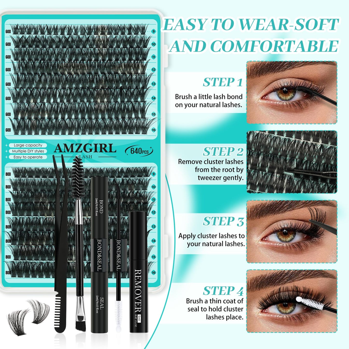 AMZGIRL LASH Lash Clusters Kit 640Pcs – DIY Extensions with Bond, Seal, Remover, Tools (30D–80D)