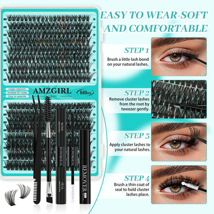 AMZGIRL LASH Lash Clusters Kit 640Pcs – DIY Extensions with Bond, Seal, Remover, Tools (30D–80D)