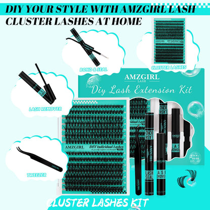 AMZGIRL LASH Lash Extension Kit 280Pcs – 60D/80D Mixed Lashes, Bond & Seal, Remover, DIY Home Kit