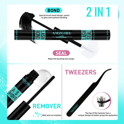 AMZGIRL LASH Manga Lash Clusters Kit 140pcs C-Curl – Waterproof Bond & Seal