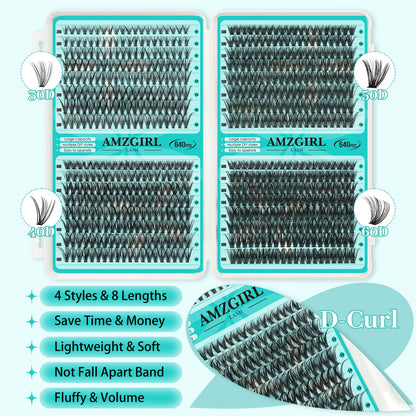 AMZGIRL LASH Lash Clusters Kit 640Pcs – DIY Eyelash Extensions with 9-16mm Mix, Bond & Seal, Remover, Applicator & Brush