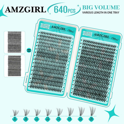 AMZGIRL LASH Lash Clusters Kit — 640Pcs DIY 9-16mm Extensions