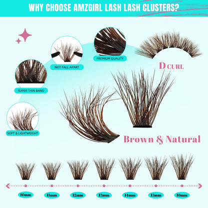 AMZGIRL LASH Brown Lash Clusters Kit — 320Pcs 80D DIY Lash Extensions at Home