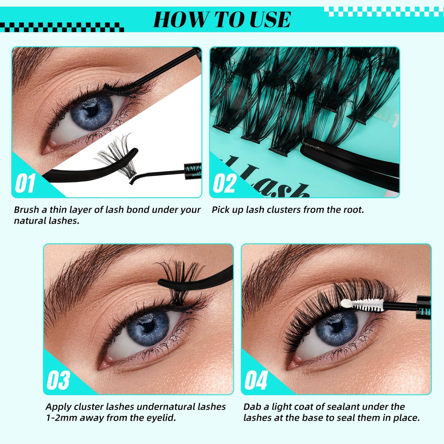 AMZGIRL LASH Lash Clusters Kit 280Pcs – DIY Eyelash Extensions 60D/80D, Bond & Seal, Remover, Applicator