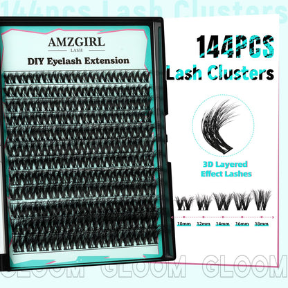 AMZGIRL LASH 3D Cluster Kit – 144pcs D-Curl Lashes with Bond & Seal