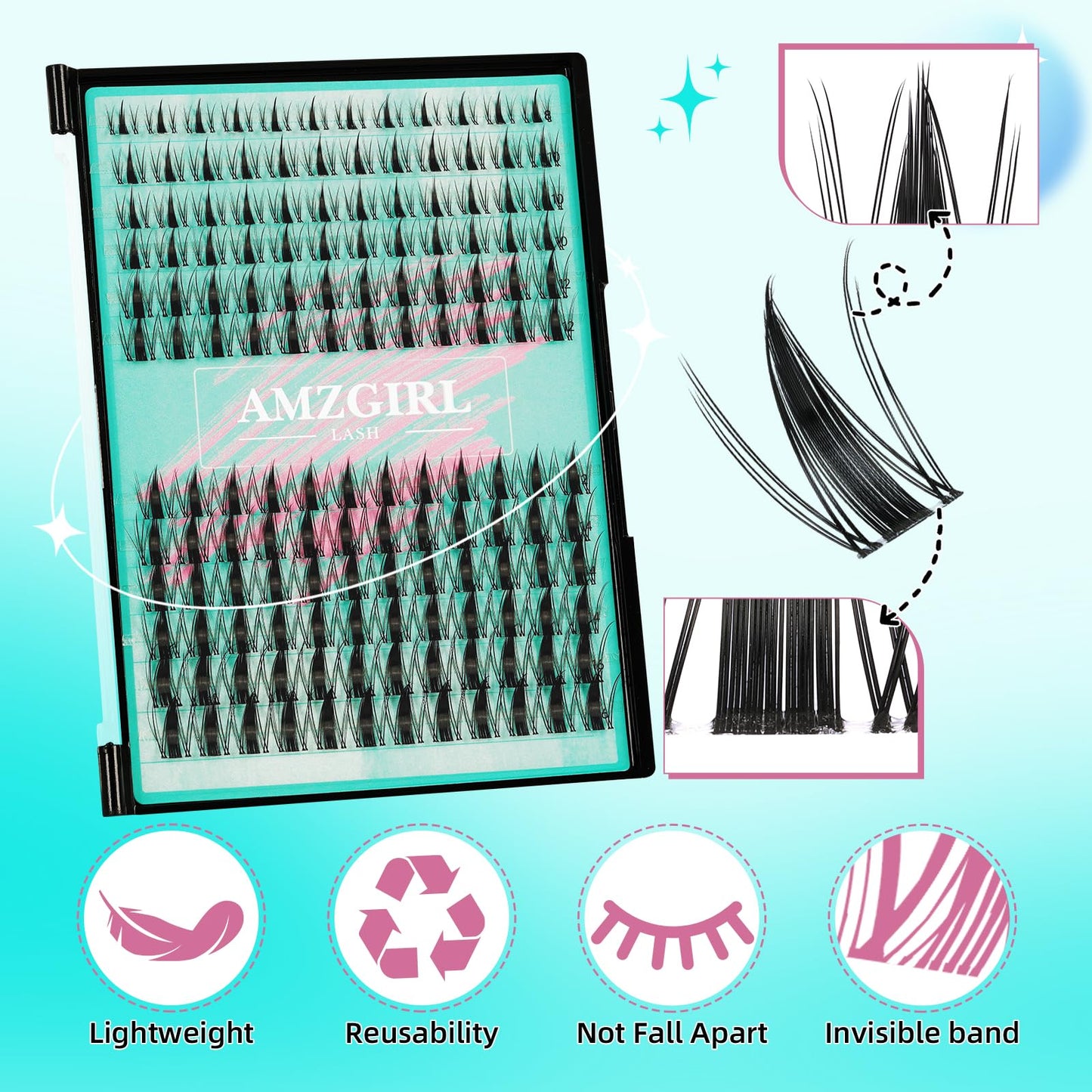 AMZGIRL LASH Manga Lash Clusters Kit 144PCS – Invisible Band, Bond & Seal, 8-16mm