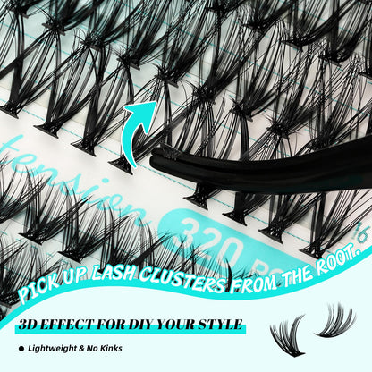 AMZGIRL LASH Lash Clusters Kit 320pcs — 9-16mm D Curl, Bond & Seal, Remover & Applicator