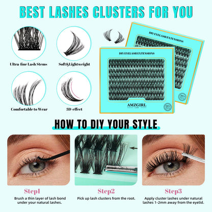 AMZGIRL LASH Lash Extension Kit 200Pcs – DIY Clusters 9-16mm with Bond & Remover