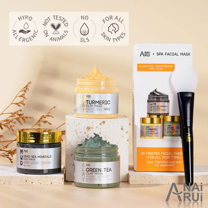 ANAI RUI 3Pack Face Mask Gift Set — Turmeric Clay Mask, Green Tea Mask & Dead Sea Mud Mask | 2.5 oz Each
