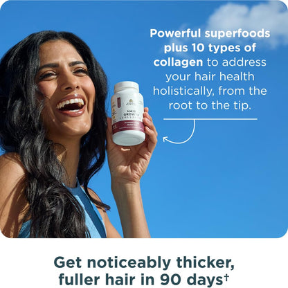 Ancient Nutrition Hair Growth + Collagen Supplement — Hydrolyzed Collagen Peptides, Clinically Studied Superfoods, 60 Count