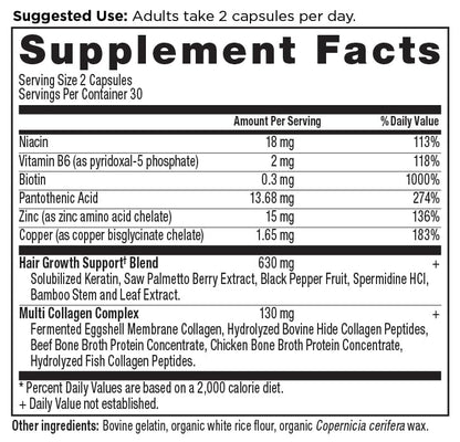 Ancient Nutrition Hair Growth + Collagen Supplement — Hydrolyzed Collagen Peptides, Clinically Studied Superfoods, 60 Count