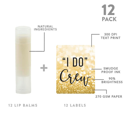 Andaz Press Bridal Shower Lip Balm Favors — Faux Gold Glitter, 'I Do' Crew, 12-Pack