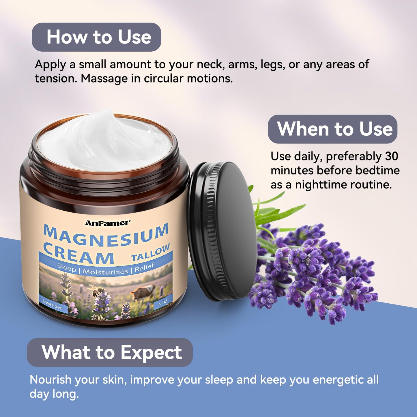 AnFamer Magnesium Cream for Sleep — Lavender Nighttime Hydration & Muscle Soothing