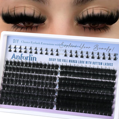 ANFORLIN Thick Lash Clusters with Spikes 150D+200D – Evil Look Manga Lashes + Bottom Lashes (12–20mm)