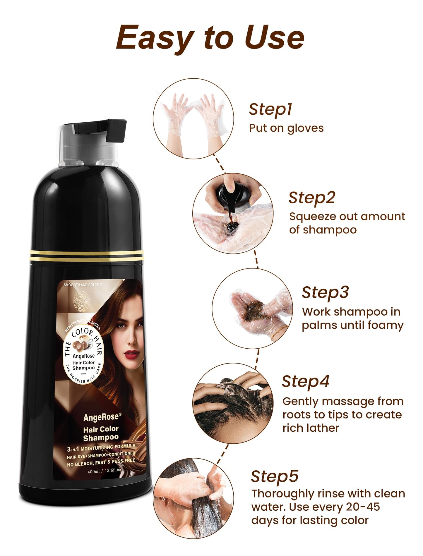 AngeRose Chestnut Brown Hair Dye Shampoo 3-in-1 — Natural Gray Coverage, 400 ml
