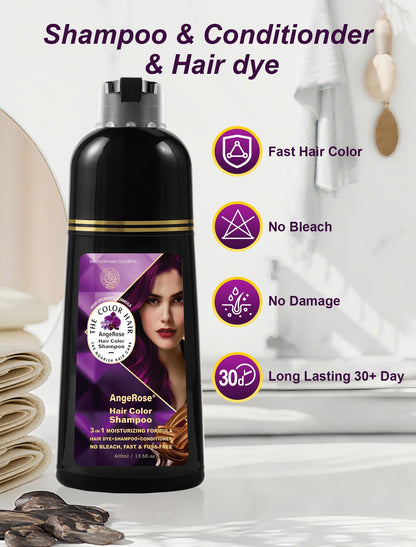 AngeRose Hair Dye Shampoo 3-in-1, Purple – Quick Gray Coverage in 15 Minutes