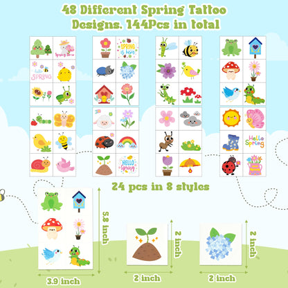 ANGOLIO Spring Themed Temporary Tattoos – 24 Large Animal Patterns for Kids' Parties & Classroom Rewards