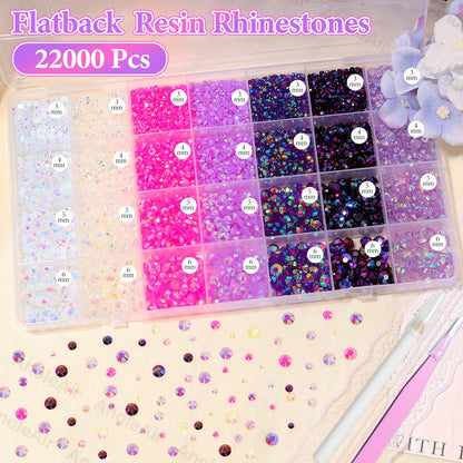 AnoleAir 22000Pcs Pink Purple Rhinestones Kit – Flatback Jelly Resin Gems for Nails, Crafts & Decor