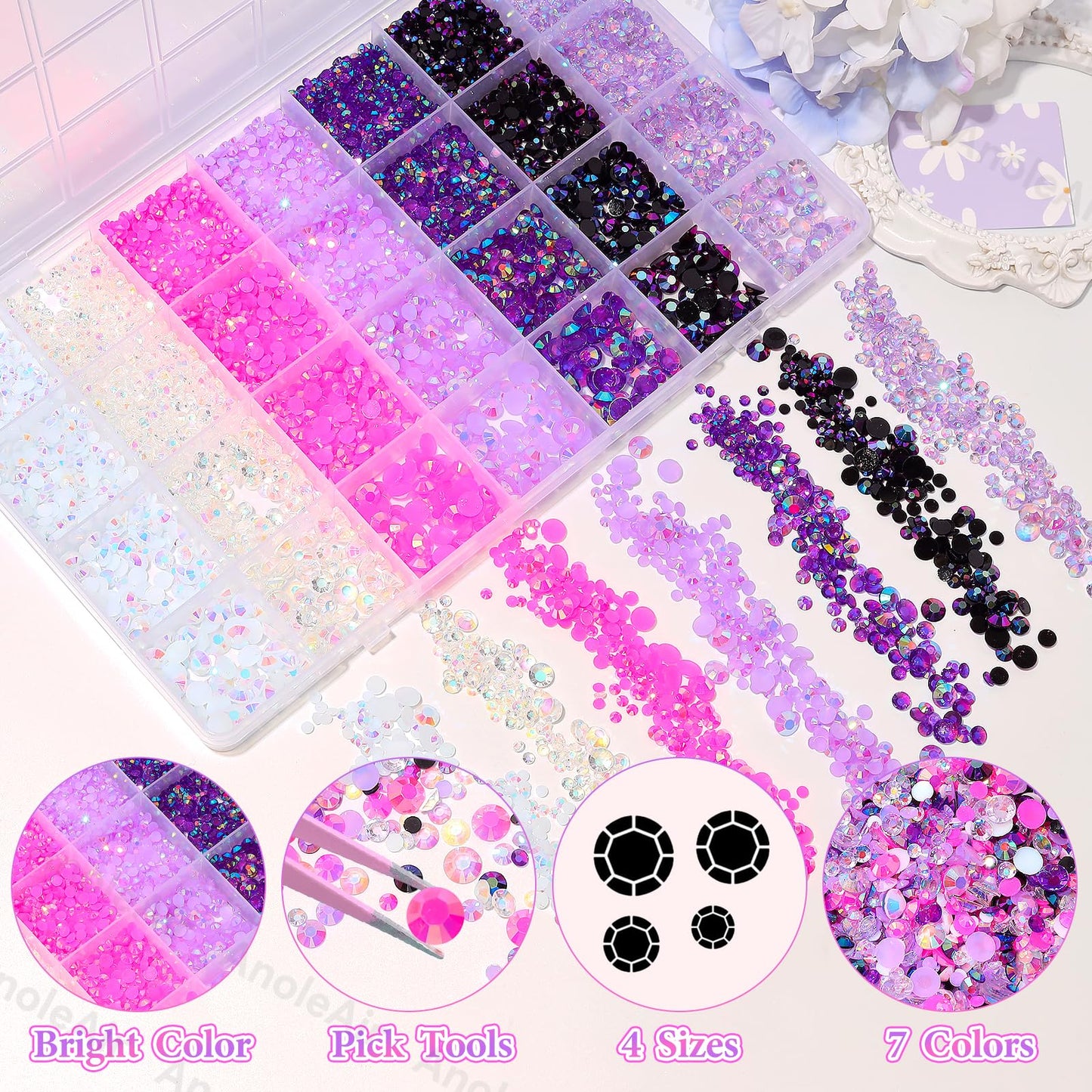 AnoleAir 22000Pcs Pink Purple Rhinestones Kit – Flatback Jelly Resin Gems for Nails, Crafts & Decor