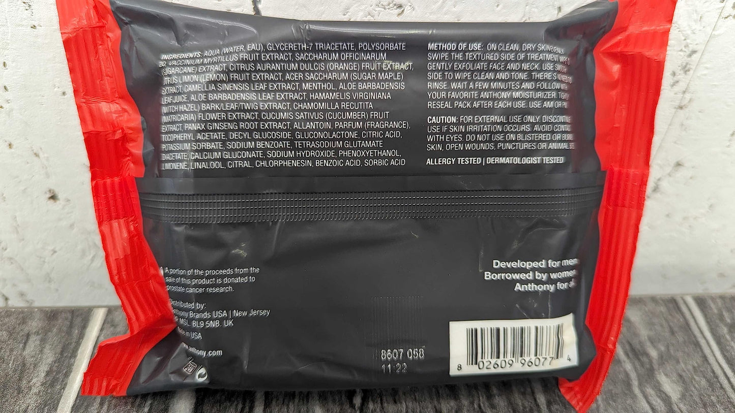 Anthony Glycolic Exfoliating & Resurfacing Wipes – Dual-Sided Cleanser for Men’s Skin (30 Sheets)